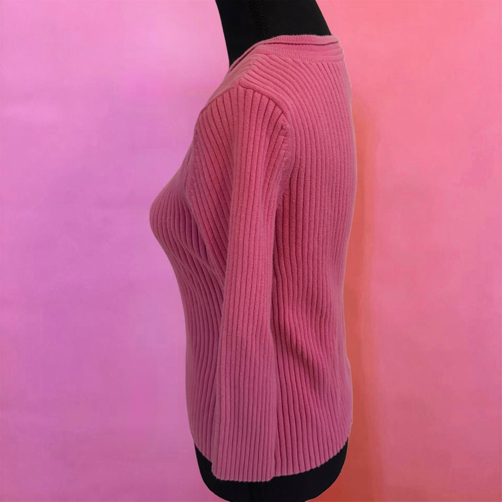 Y2K 2000s Eagle’s Eye Pink Coquette V-Neck Ribbed Sweater Knit Top - Medium - Picture 6 of 16